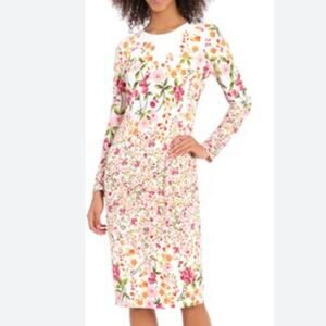 NWT Maggy London Ity Floral Long Sleeve Jersey Sheath Dress White Size 12